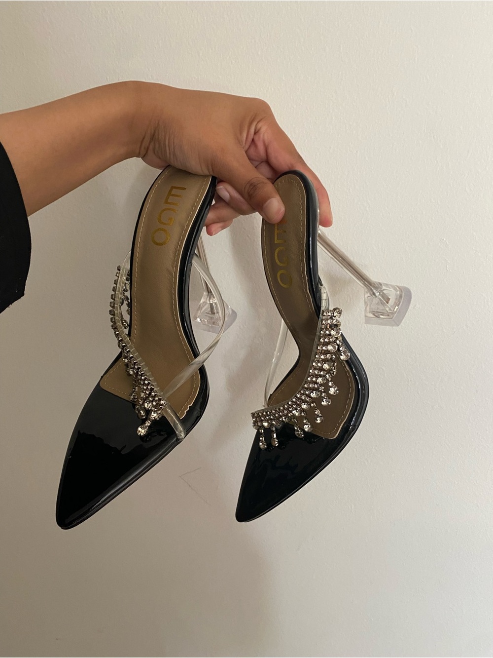 EGO Black Patent Pointed Crystal-Embellished Clear Strap Heels